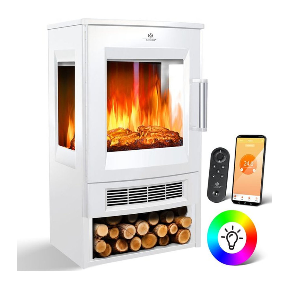 KESSER Elektrokamin mit Panorama-Sichtfenster, Heizung 900/1800W, 9 LED-Flammeneffekte, WiFi App-Steuerung und Fernbedienung, Weiß - Bild 1
