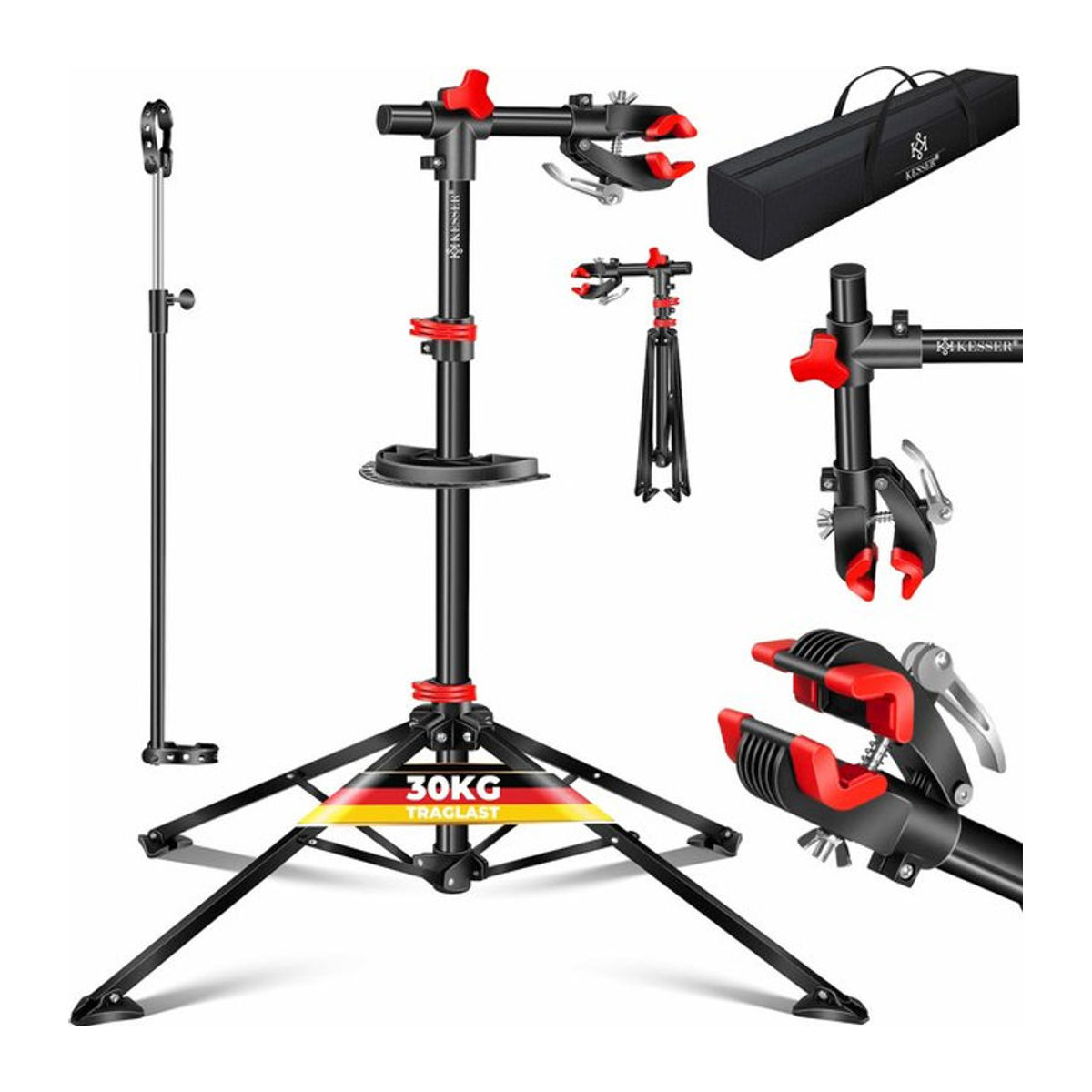 KESSER Fahrradmontageständer Profi Reparaturständer mit Werkzeugschale, Magnetfach und Tasche, 360 Grad drehbar, bis 30 kg Belastbarkeit - Bild 1