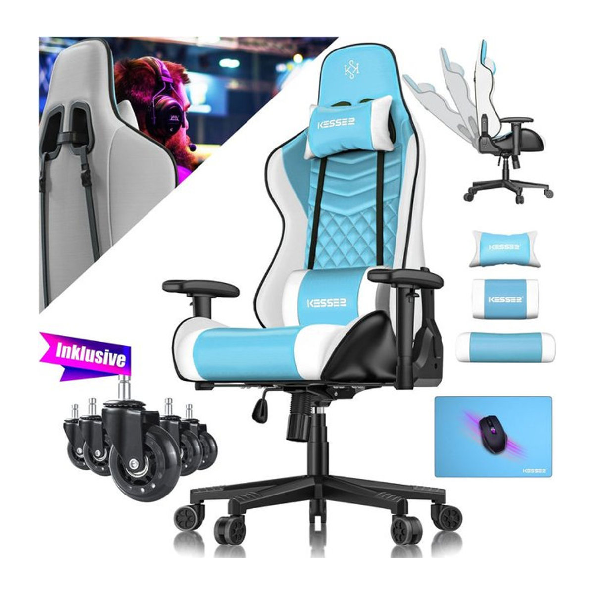 KESSER Gaming Stuhl Ergonomisch in Blau aus Kunstleder mit Kopfstütze, Lendenkissen und 360 Grad Armlehnen, belastbar bis 150 kg - Bild 1