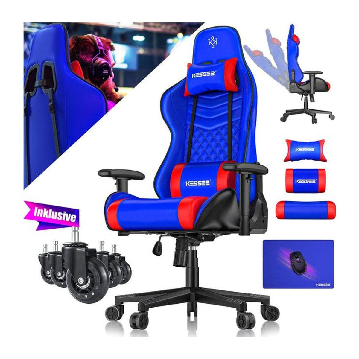 KESSER Gaming Stuhl Ergonomisch in Blau aus Kunstleder mit Kopfstütze, Lendenkissen und 360 Grad drehbaren Armlehnen, belastbar bis 150 kg - Bild 1