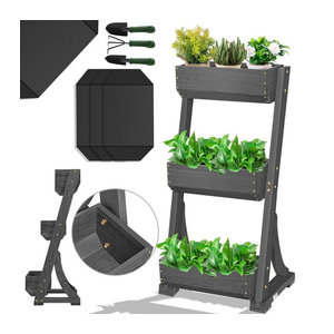KESSER Hochbeet mit Etagen aus Holz als Blumenkasten und Pflanztreppe in Natur oder Anthrazit inklusive Gartenvlies für Garten, Terrasse und Balkon