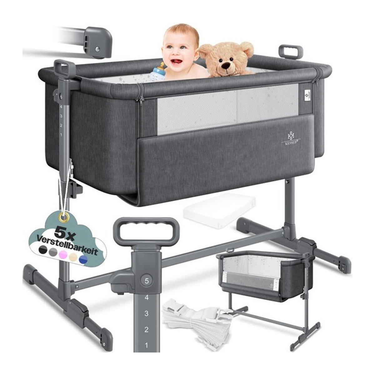 KESSER Hubi 3in1 Baby Beistellbett und Reisebett in Grau mit weicher Matratze, Rollen und 5-fach Höhenverstellung - Bild 1