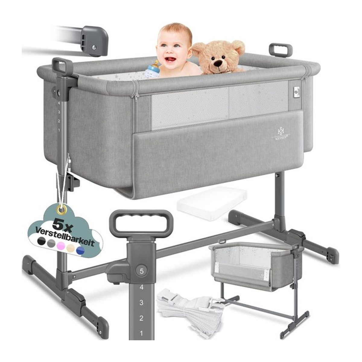 KESSER Hubi 3in1 Baby Beistellbett und Reisebett mit Matratze, Grau - Bild 1