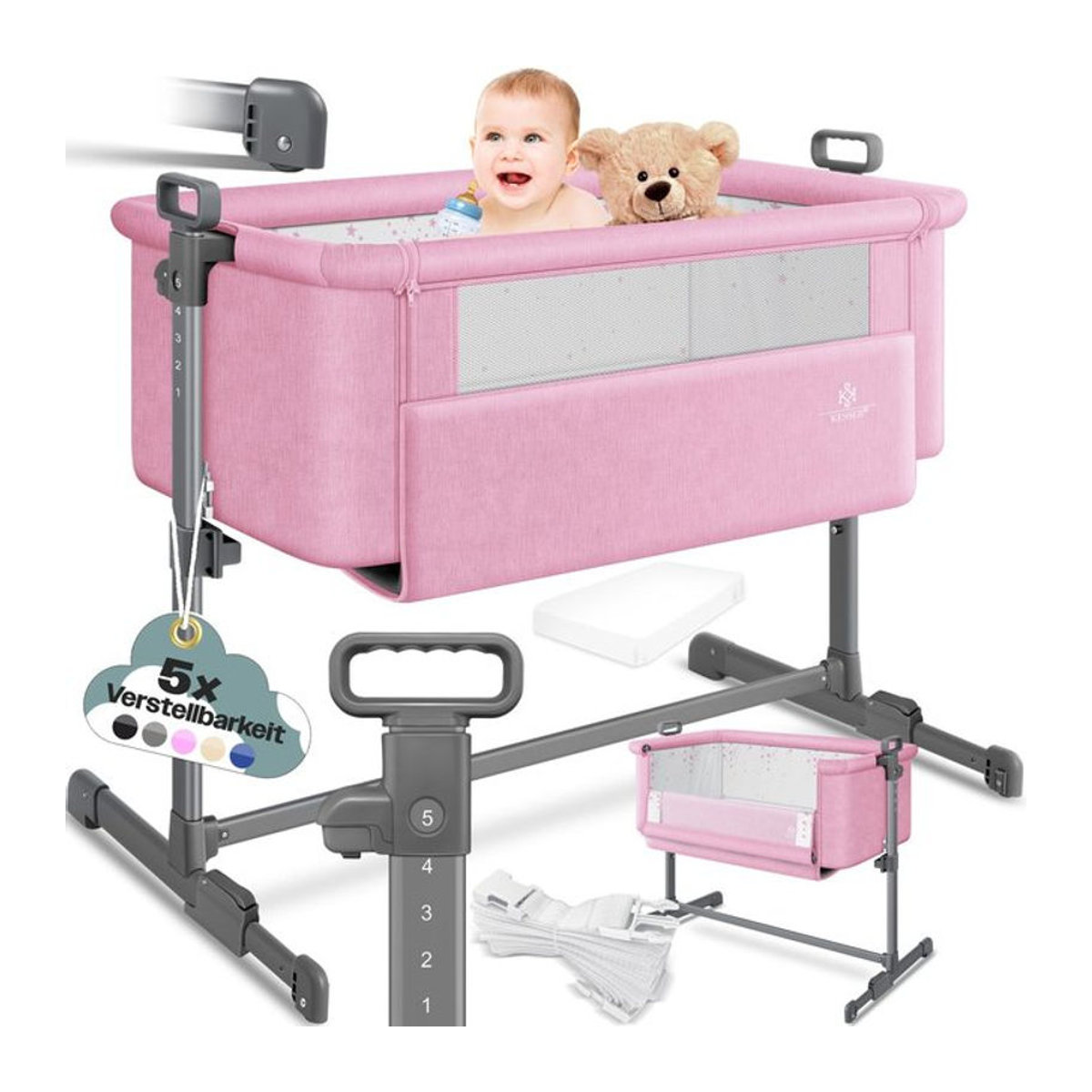 KESSER Hubi 3in1 Baby Beistellbett und Reisebett mit weicher Matratze, Rosa, 5-fach höhenverstellbar mit Rollen und faltbarer Seitenwand - Bild 1