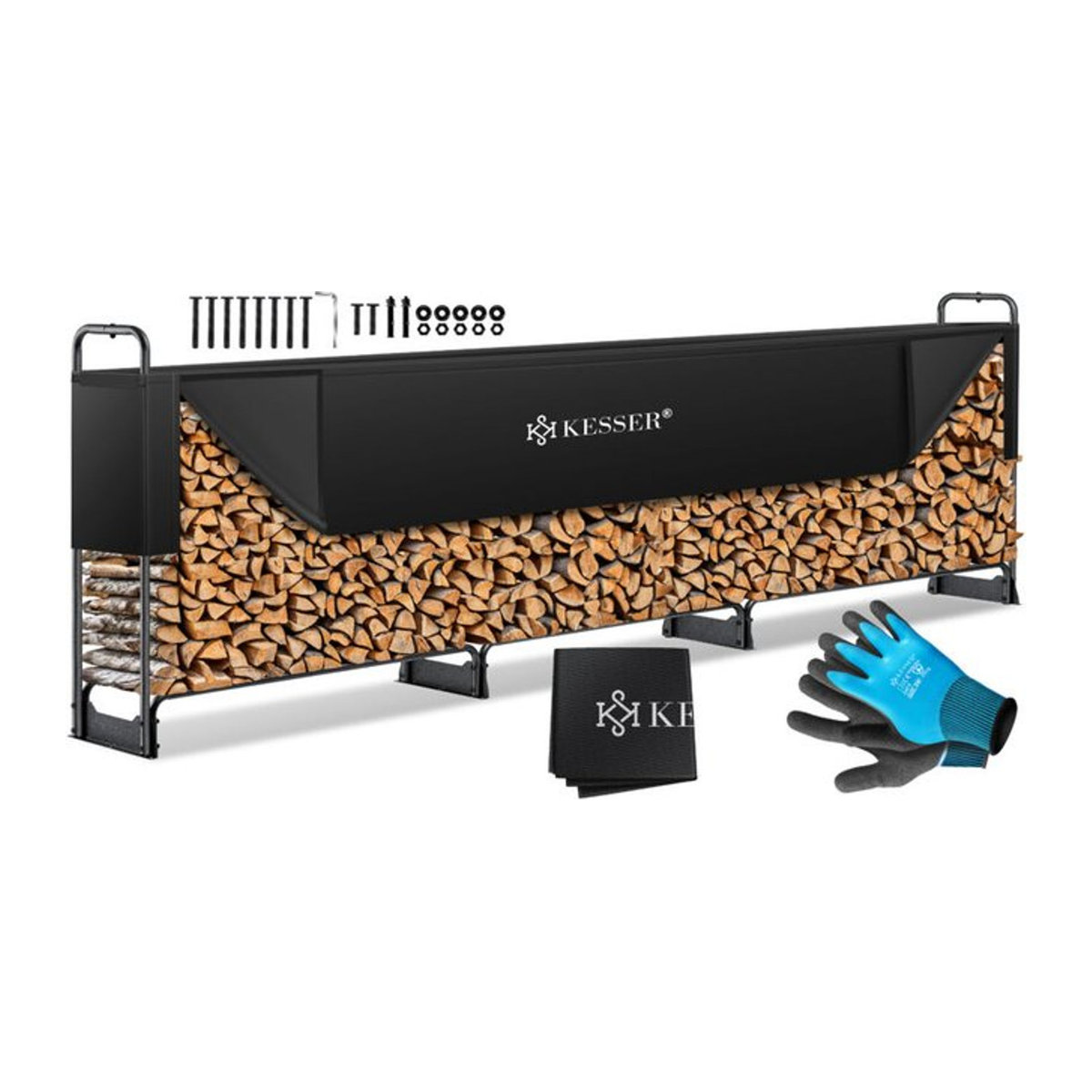KESSER Kaminholzregal aus Metall mit Abdeckung und Handschuhen, wasserdichter Kaminholzunterstand für Garten und Terrasse mit 200kg Tragkraft - Bild 1