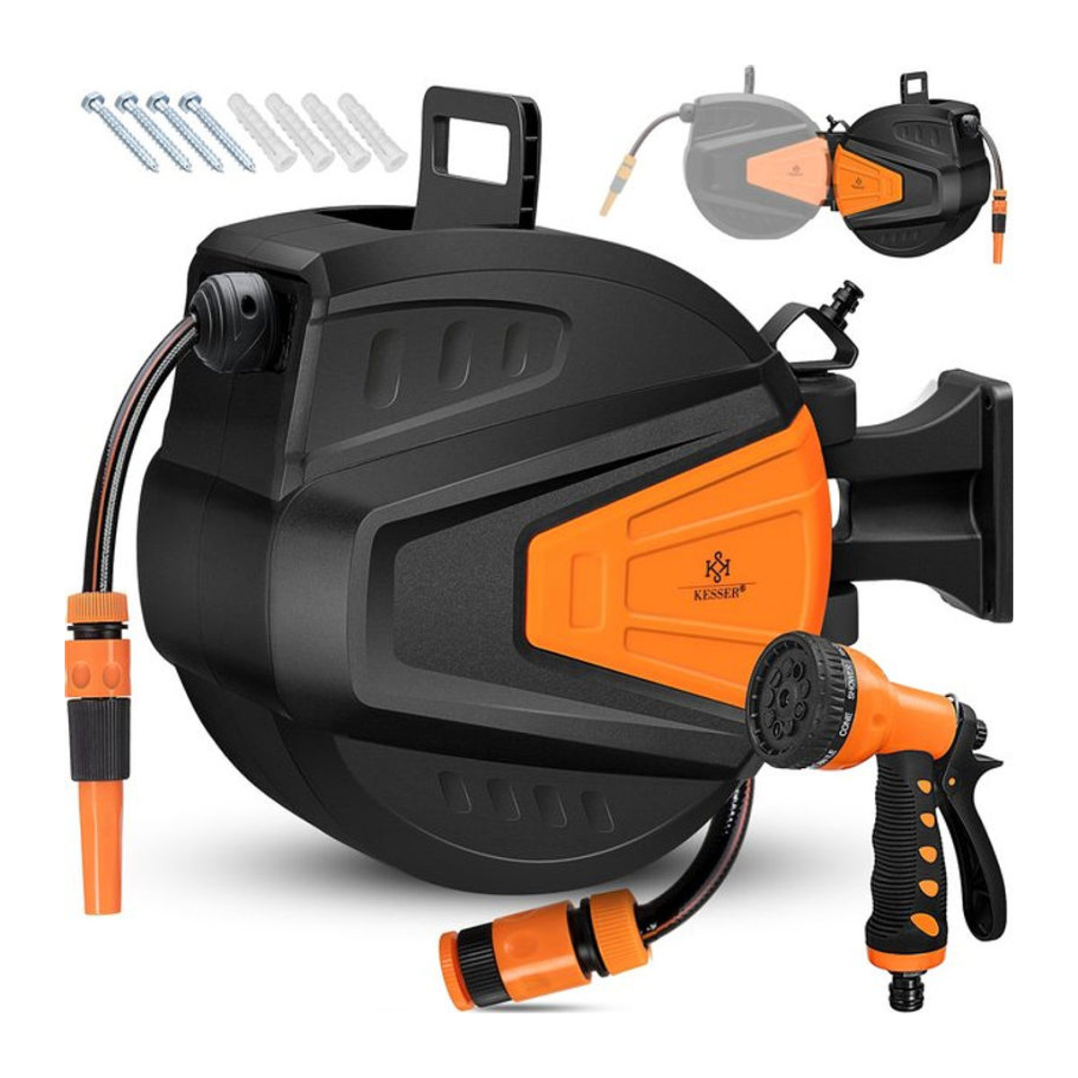 KESSER Schlauchtrommel Automatik mit 2-Wege-Verteiler, Multi-Handbrause und Wandhalterung, 180 Grad schwenkbar, Orange - Bild 1