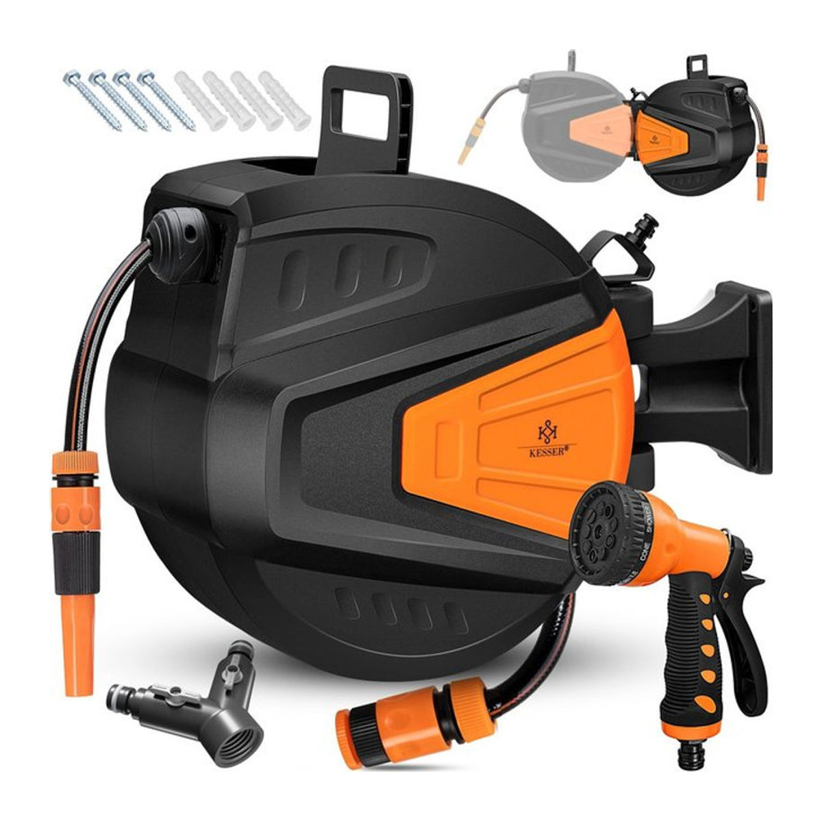 KESSER Schlauchtrommel Automatik mit 2-Wege-Verteiler, Multi-Handbrause und Wandhalterung, Orange - Bild 1