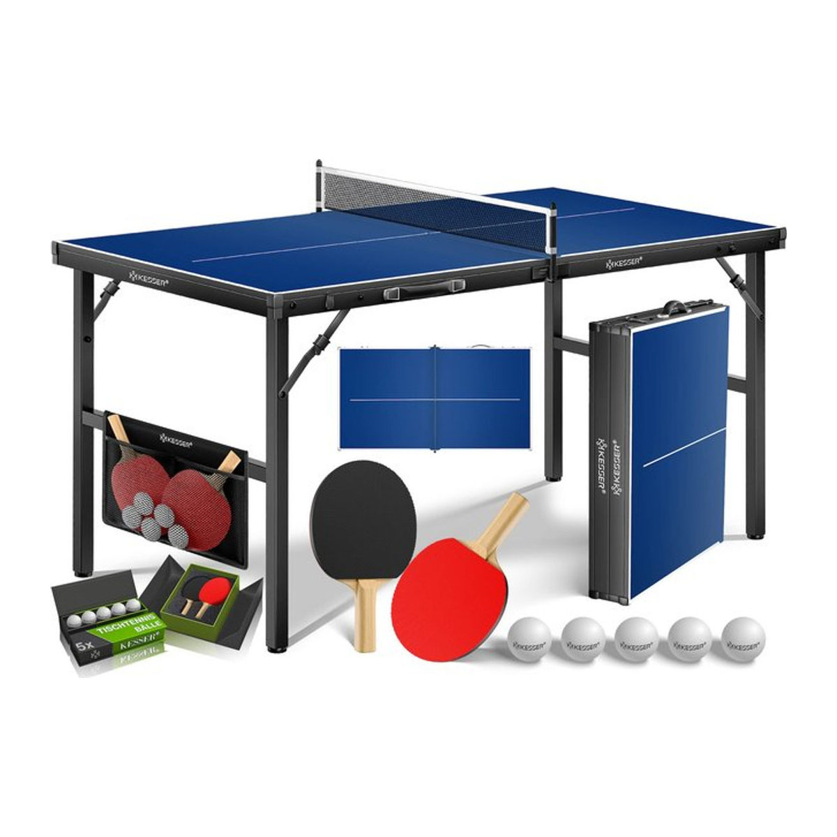 KESSER Tischtennisplatte Mini Blau mit Tischtennisschläger-Set, Bällen und Netz, klappbar im Kofferdesign für Indoor und unterwegs, B/T: 153 x 76,5 cm - Bild 1