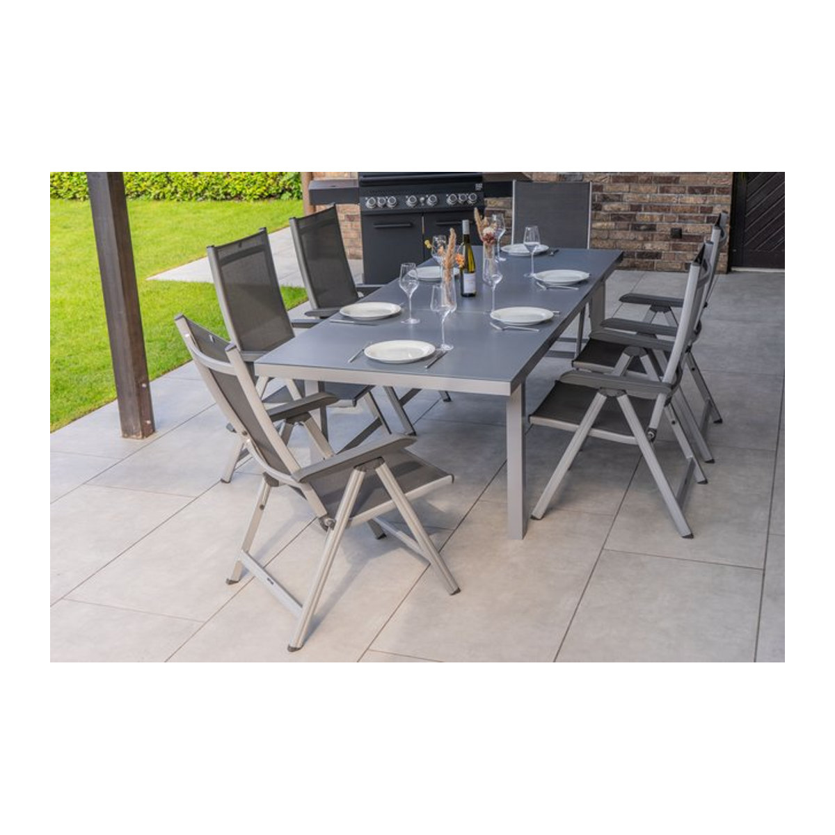 Kettler BasicPlus Garten-Essgruppe aus Alu und Textilene in Silber/Anthrazit mit Tisch und 6 Klappstühlen, Tisch B: 180 bis 240 cm, B: 100 cm - Bild 1