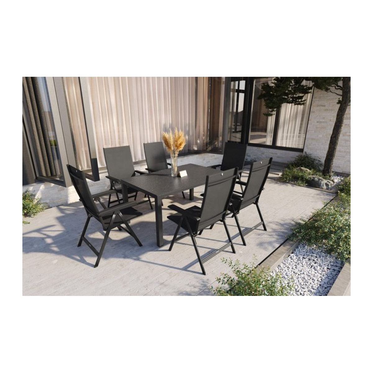 Kettler BasicPlus Garten-Essgruppe in Anthrazit mit 6 Klappstühlen aus Aluminium, Naturstein und Textil, Breite: 160 cm - Bild 1