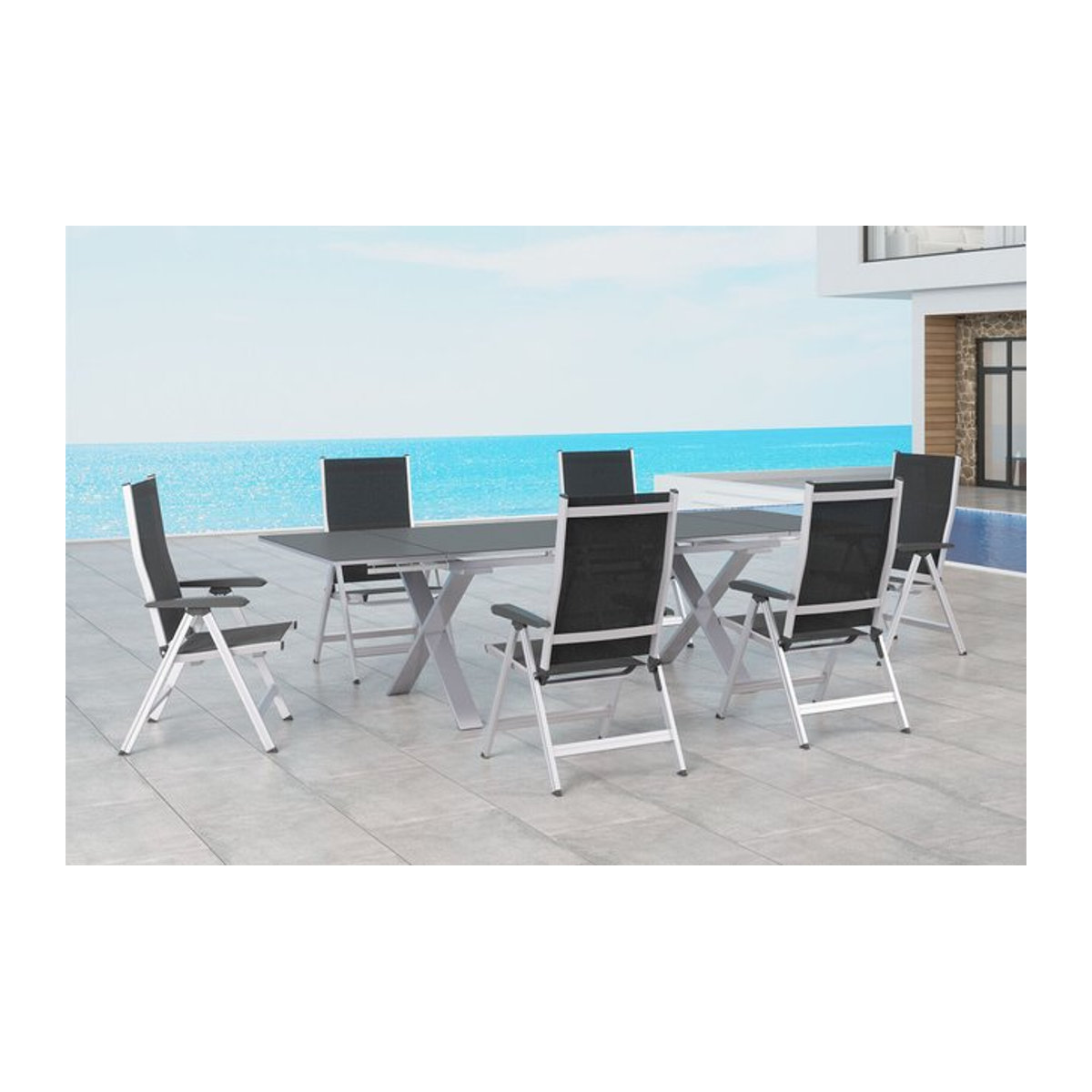 Kettler BasicPlus Garten-Essgruppe in Silber und Anthrazit mit Tisch und 6 Klappstühlen aus Aluminium, Glas und Stoff - Bild 1