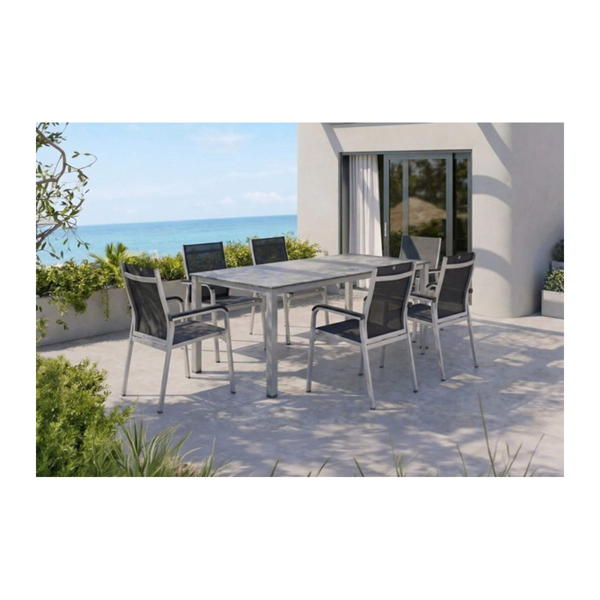 Kettler BasicPlus Premium Garten-Essgruppe aus Aluminium in Silber mit Tisch und 6 Stapelsesseln - Bild 1