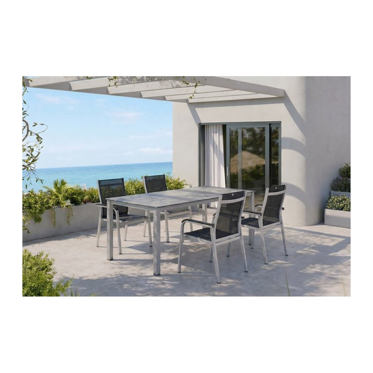 Kettler BasicPlus Premium Garten-Essgruppe aus Aluminium in Silber und Anthrazit mit Tisch und 4 Stapelsesseln, Tisch Breite: 160 cm, Tiefe: 95 cm - Bild 1