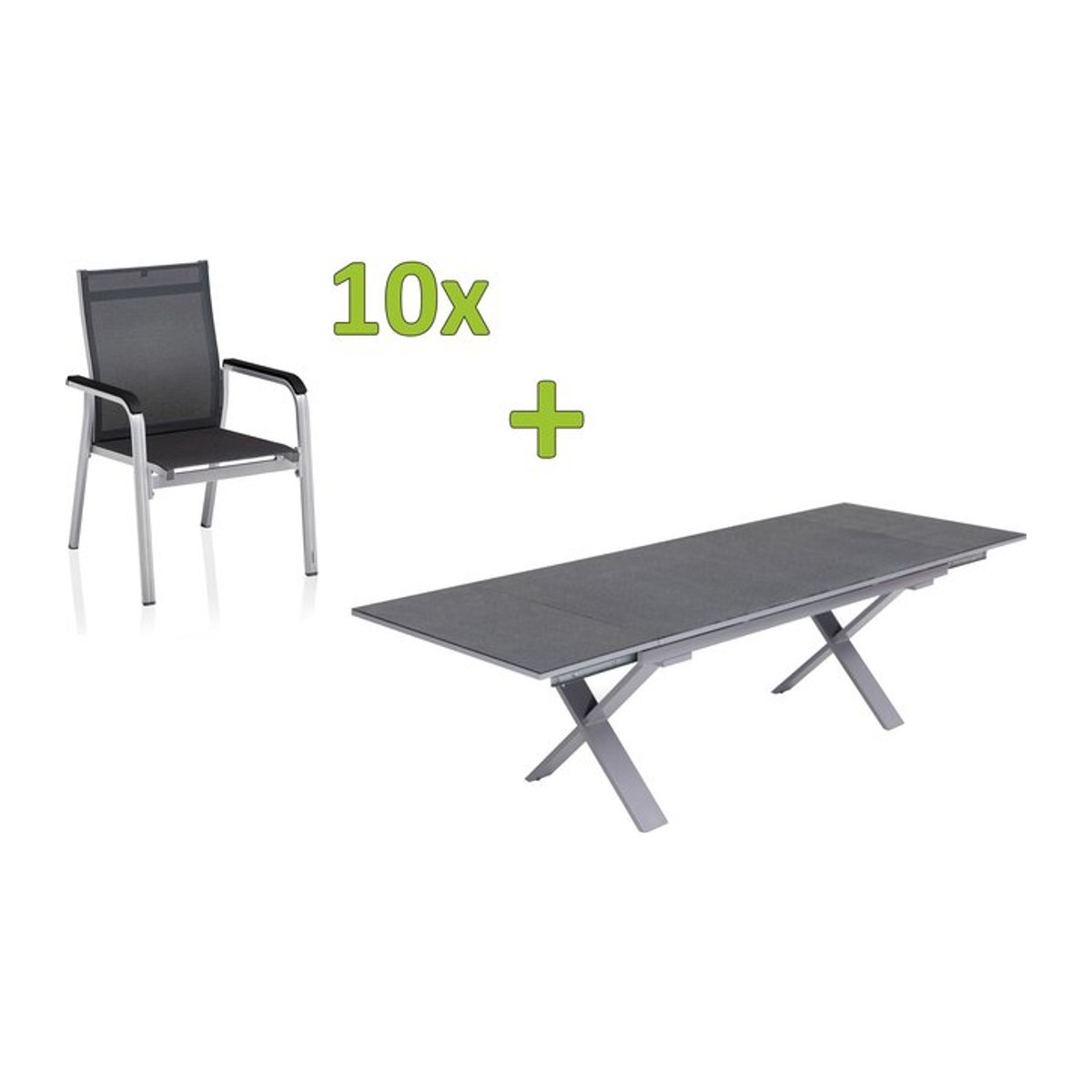 Kettler BasicPlus Premium Garten-Essgruppe aus Aluminium und Textilene in Silber und Grau mit Tisch und 10 Stapelsesseln - Bild 1