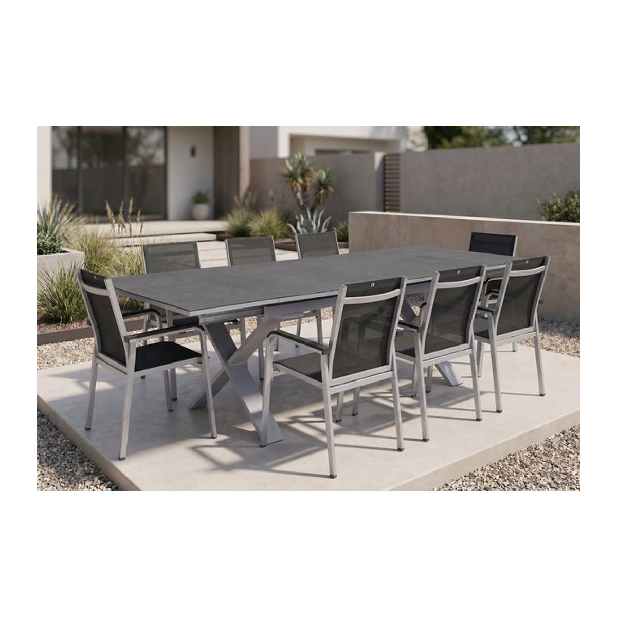 Kettler BasicPlus Premium Garten-Essgruppe aus Aluminium und Textilene in Silber und Grau mit Tisch und 8 Stapelsesseln - Bild 1