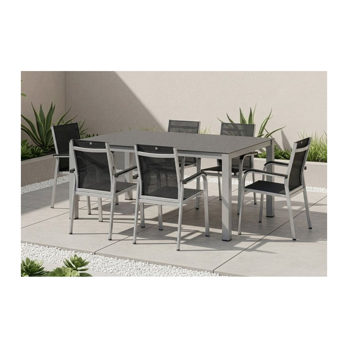 Kettler BasicPlus Premium Garten-Essgruppe in Silber aus Aluminium und Spraystone mit Tisch und 6 Stapelsesseln - Bild 1
