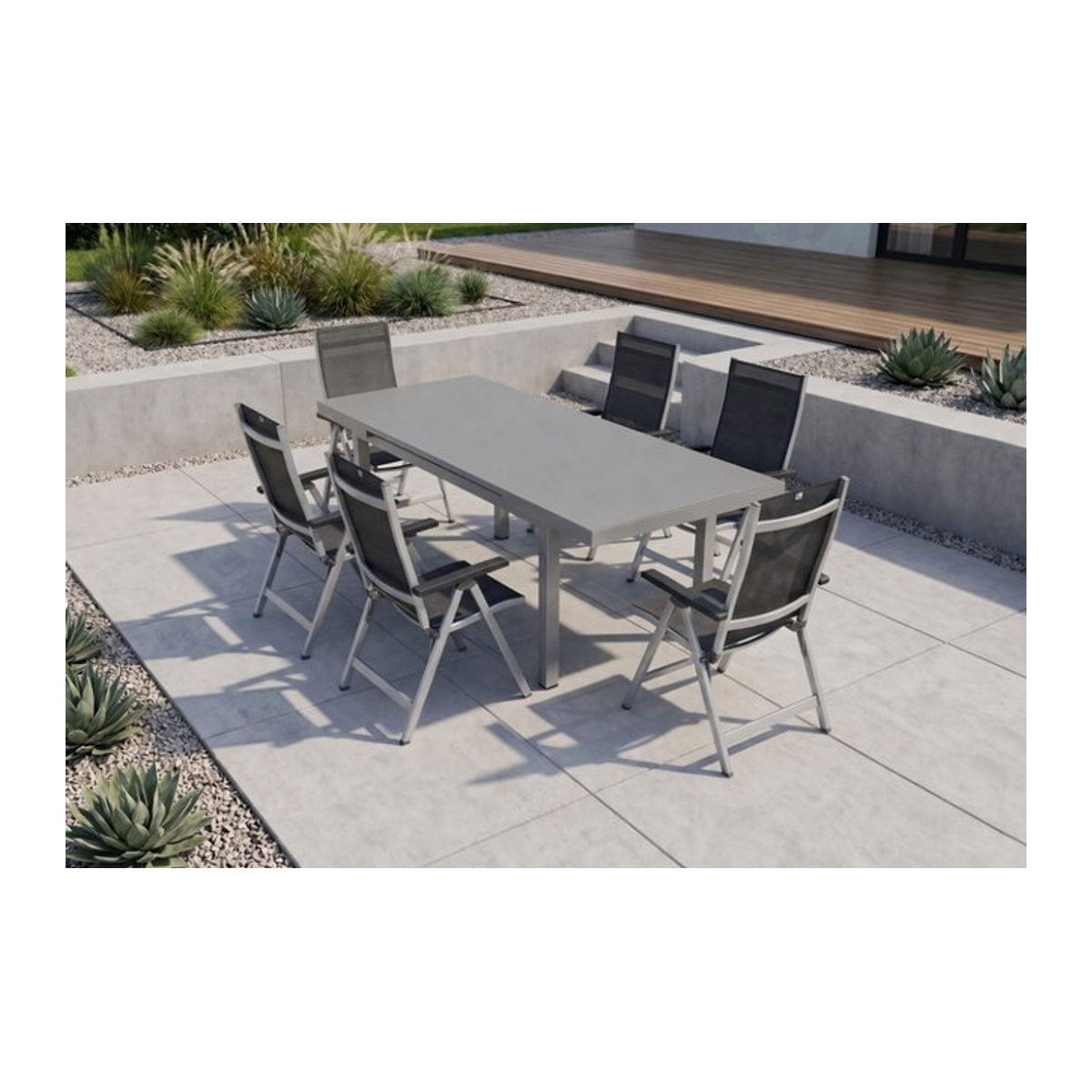 Kettler BasicPlus Premium Garten-Essgruppe in Silber und Grau aus Aluminium, Glas und Polyester mit Tisch und 6 Klappstühlen - Bild 1