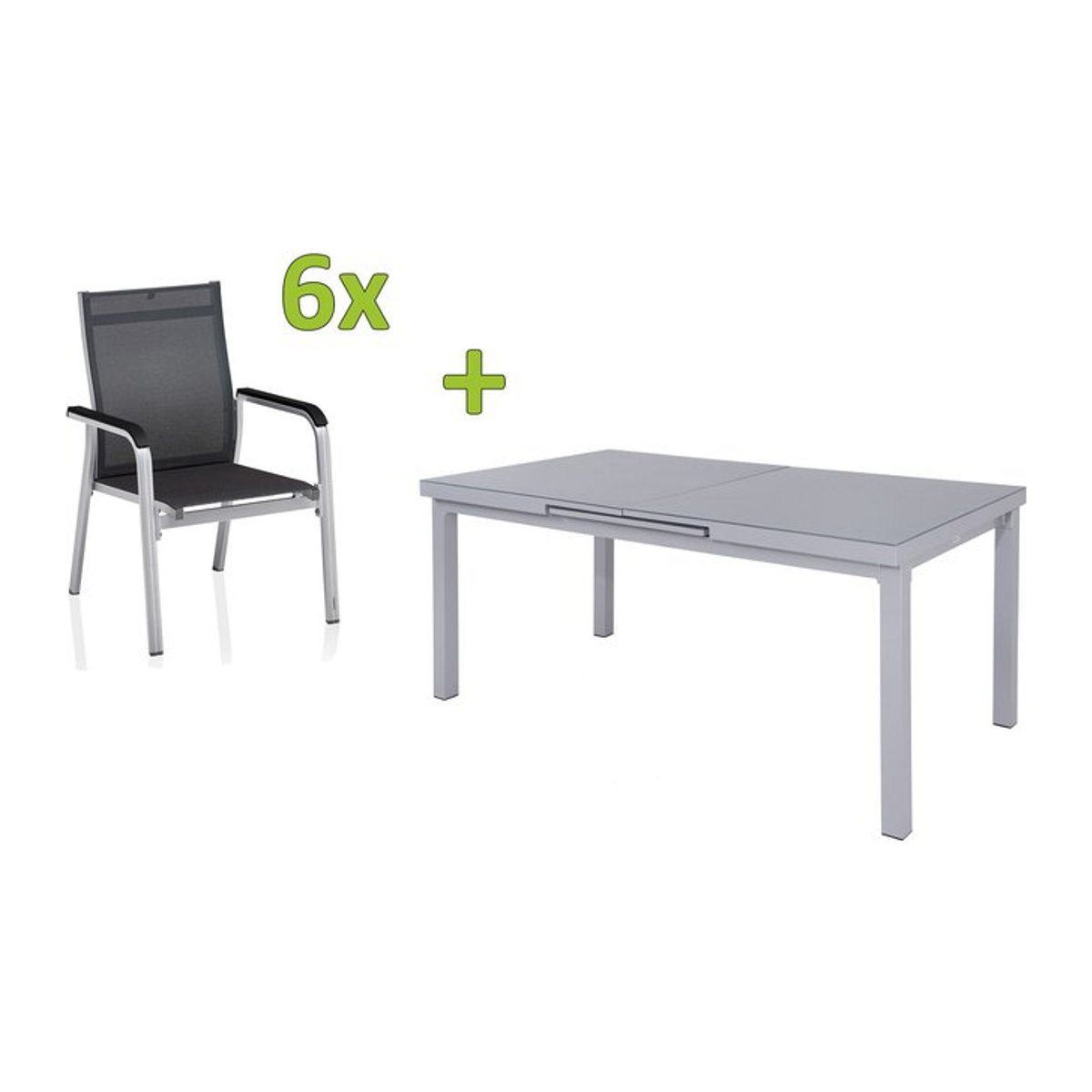 Kettler BasicPlus Premium Gartenmöbel-Set aus Aluminium und Glas in Silber und Grau mit 6 Stapelsesseln - Bild 1