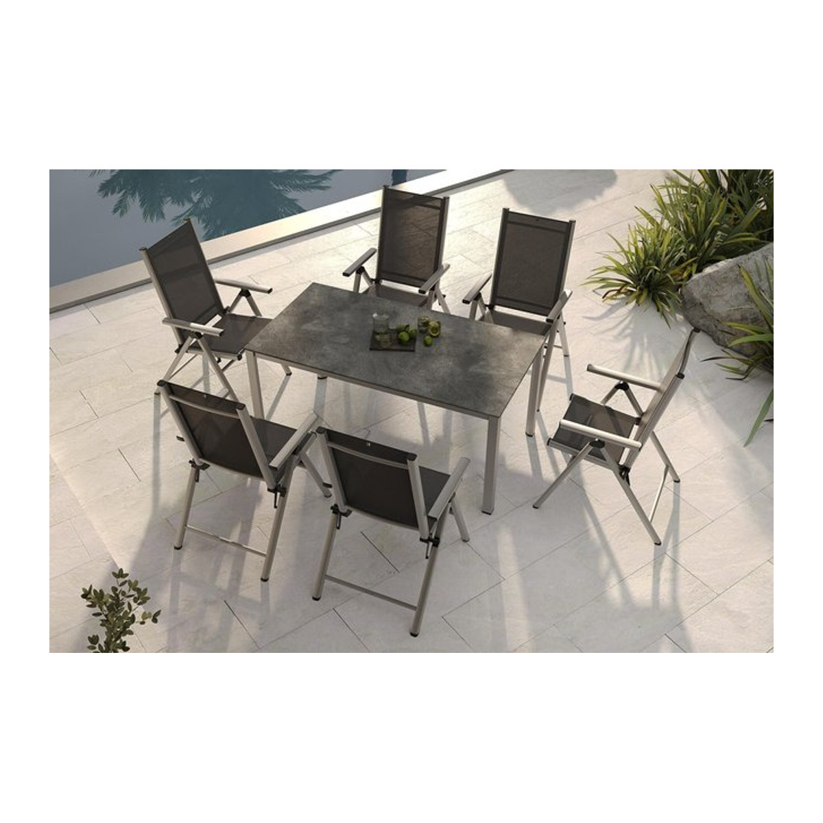 Kettler BasicPlus Pro Garten-Essgruppe aus Alu und Textilene in Silber/Anthrazit mit 6 Klappstühlen, B: 160 cm, T: 90 cm - Bild 1