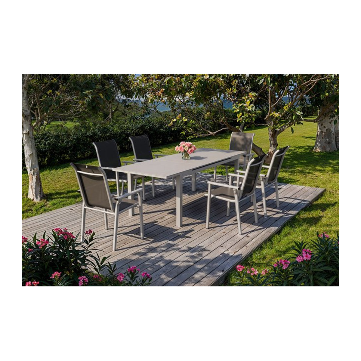 Kettler BasicPlus Pro Garten-Essgruppe aus Aluminium und Textilene in Anthrazit/Silber mit ausziehbarem Tisch und 6 Stapelsesseln, Tisch B: 180 bis 240 cm, B: 90 cm, H: 75 cm - Bild 1