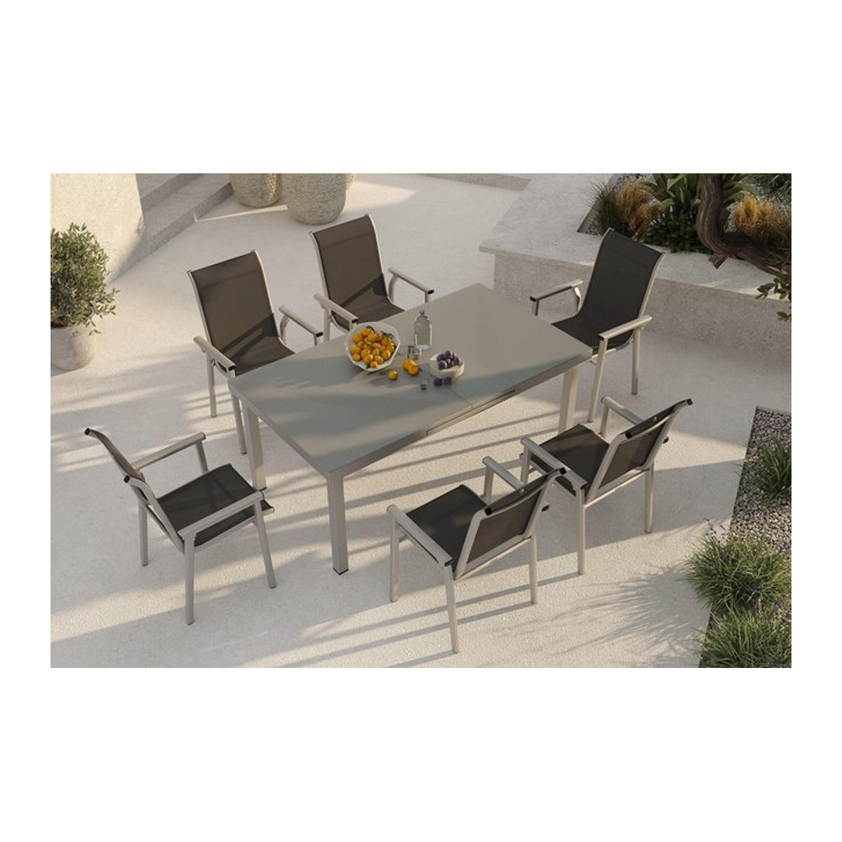 Kettler BasicPlus Pro Garten-Essgruppe aus Aluminium und Textilene in Silber/Anthrazit mit ausziehbarem Tisch und 6 Stapelsesseln - Bild 1