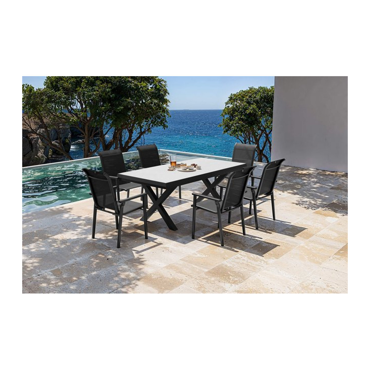 Kettler BasicPlus Pro Garten-Essgruppe in Anthrazit und Schwarz mit 6 Stapelstühlen aus Aluminium, Keramik und Stoff - Bild 1