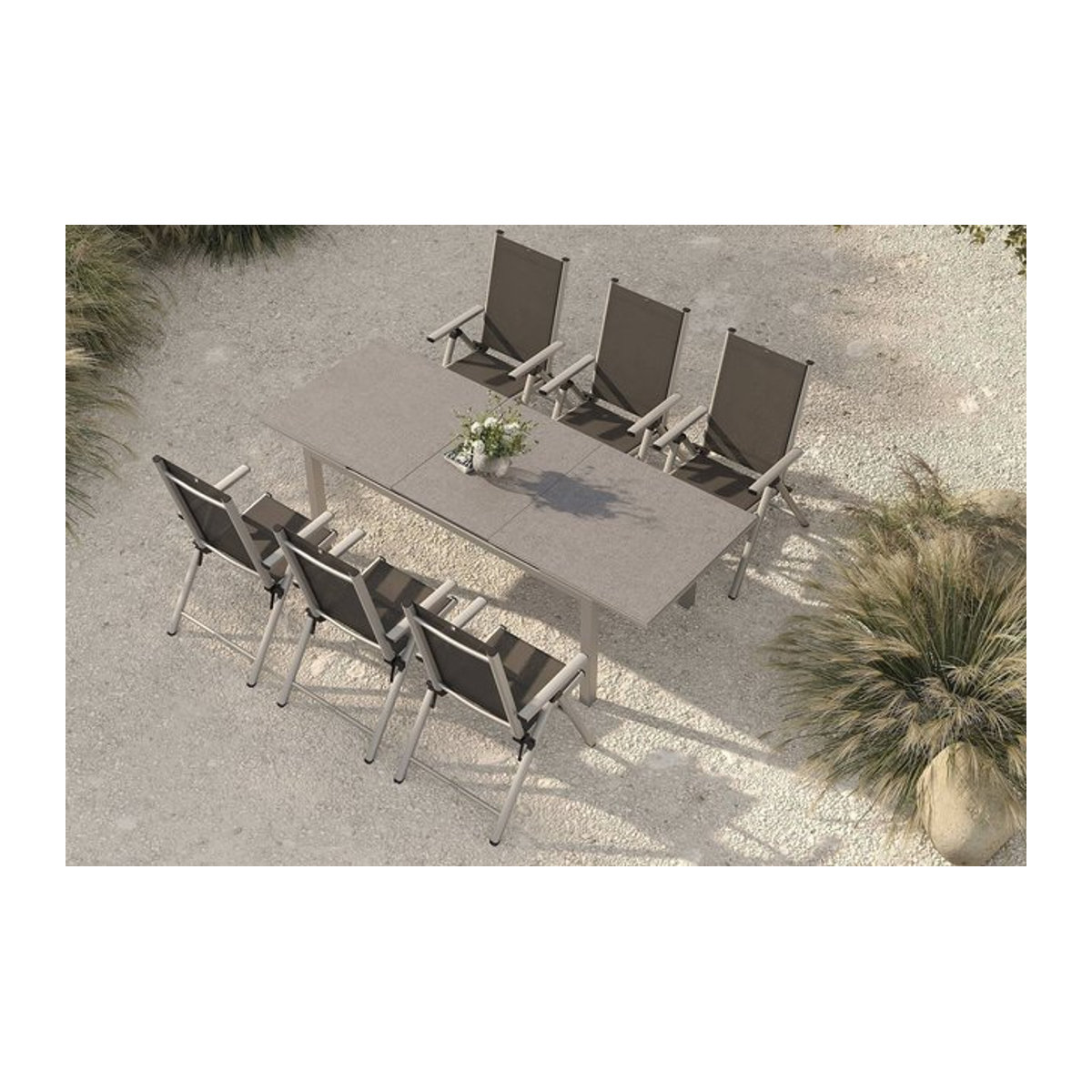 Kettler BasicPlus Pro Garten-Essgruppe in Anthrazit und Silber mit Tisch und 6 Klappstühlen aus Aluminium, Naturstein und Textilene - Bild 1
