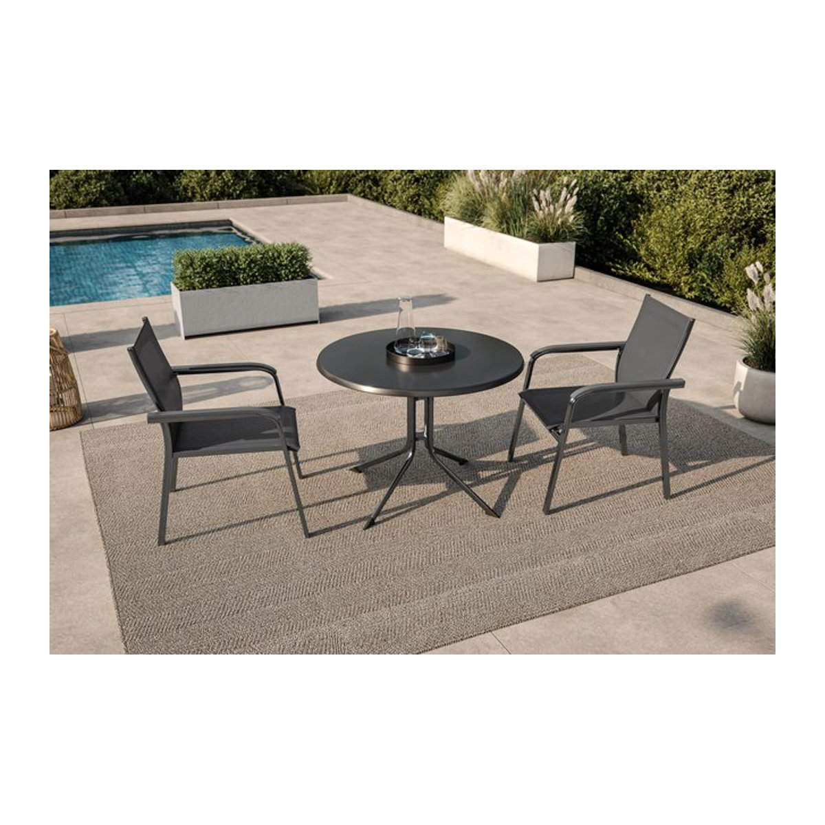 Kettler Boulevard Basic Plus Gartenessgruppe aus Aluminium in Anthrazit und Lakritz mit Klapptisch Ø 100 cm und 2 Stapelsesseln - Bild 1