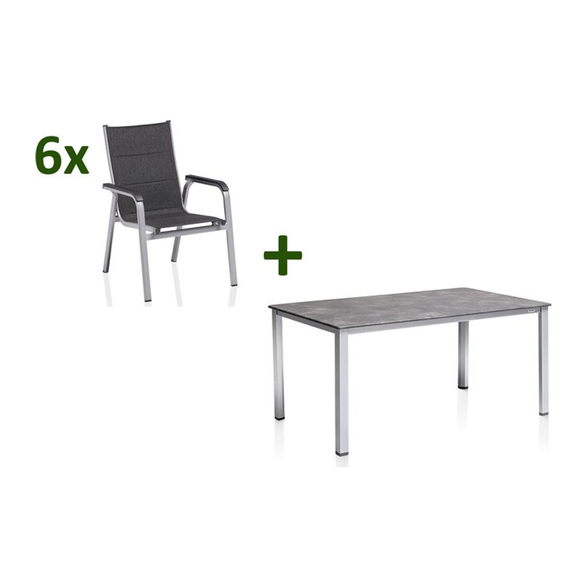 Kettler Cubic Basic Plus Padded Garten-Essgruppe aus Aluminium und Textilene in Silber/Anthrazit mit Tisch und 6 Stapelsesseln, Tisch Breite: 160 cm, Tiefe: 90 cm - Bild 1