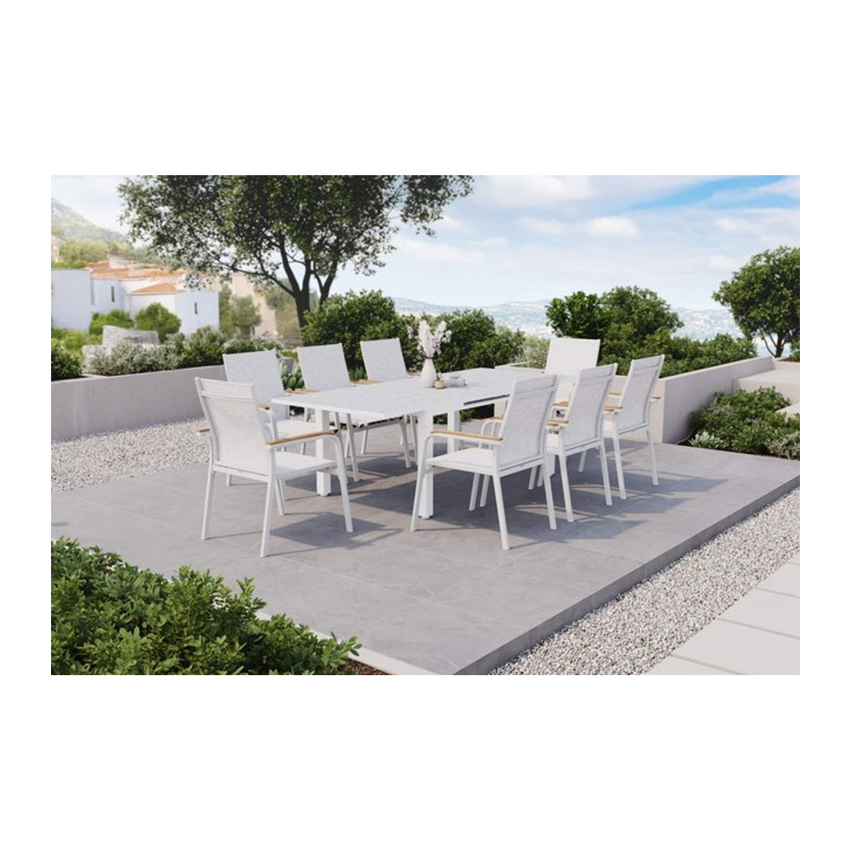 Kettler Garten-Essgruppe aus Aluminium, Teak und Glas in Weiß und Grau mit Ausziehtisch und 8 Stapelsesseln - Bild 1