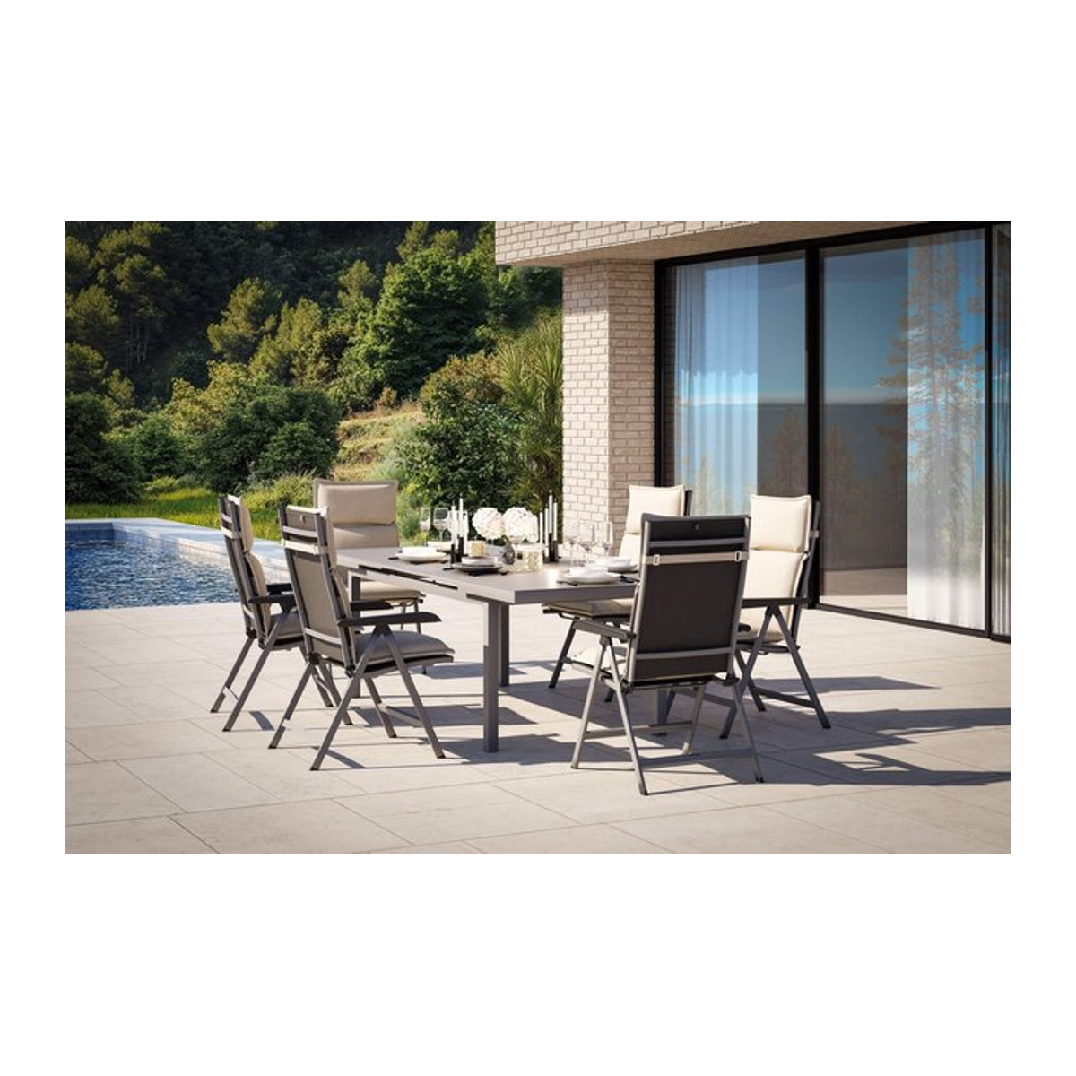 Kettler Garten-Essgruppe aus Aluminium und Glas in Silber und Anthrazit mit 6 Klappstühlen und Auflagen, Tisch B: 180 cm bis 240 cm, B: 100 cm - Bild 1