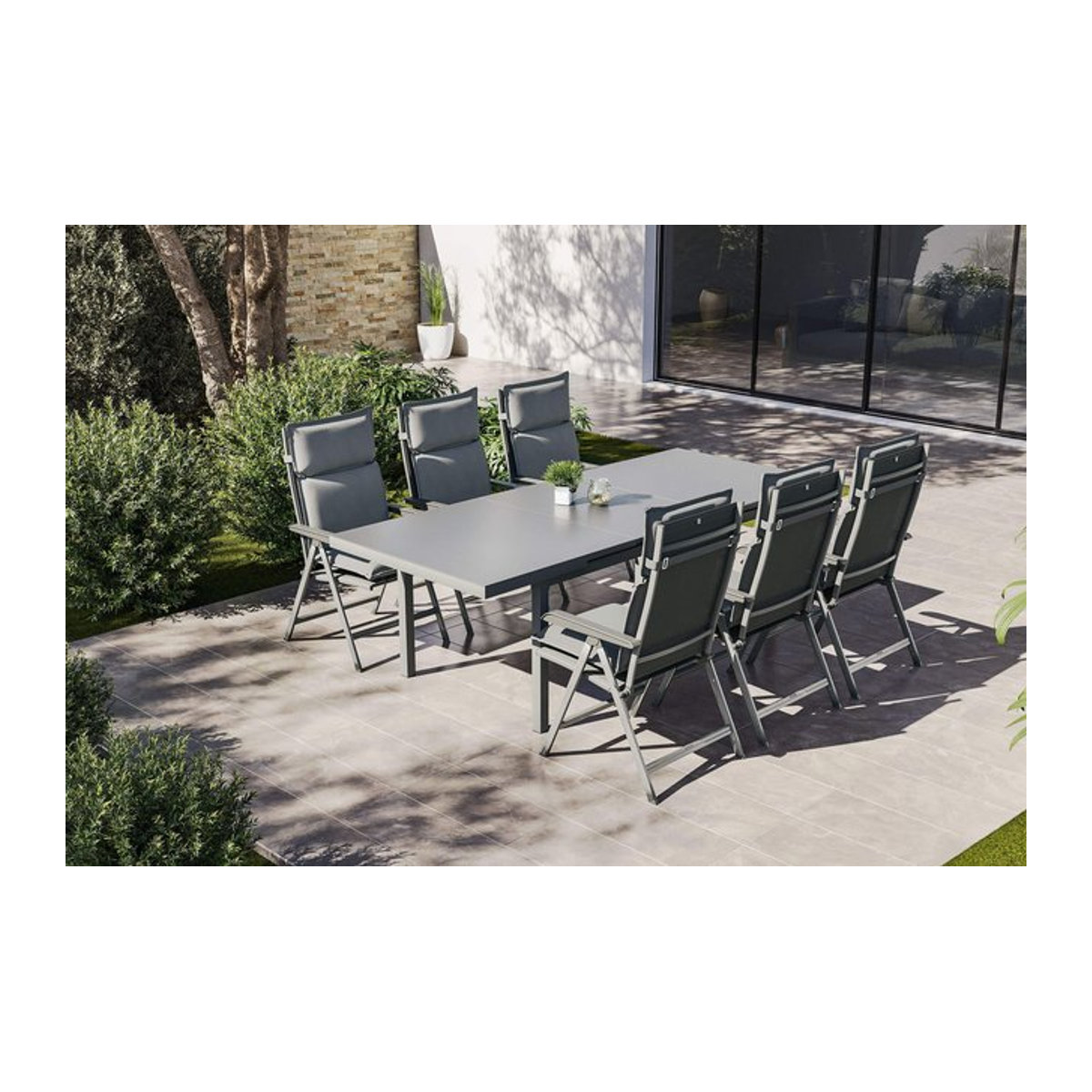 Kettler Garten-Essgruppe aus Aluminium und Textilene in Silber/Anthrazit mit Glastisch und 6 Klappstühlen inklusive Auflagen - Bild 1