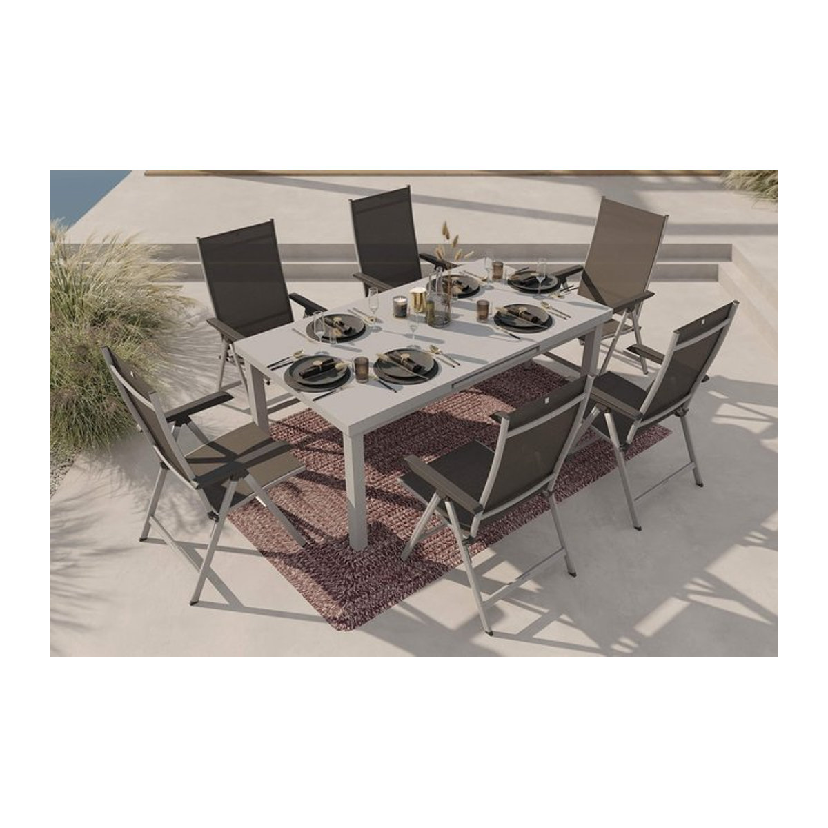 Kettler Garten-Essgruppe aus Aluminium und Textilene mit ausziehbarem Tisch und 6 Klappstühlen sowie Outdoor-Teppich, Silber/Grau/Weiß, B/T: 180/240 x 100 cm - Bild 1
