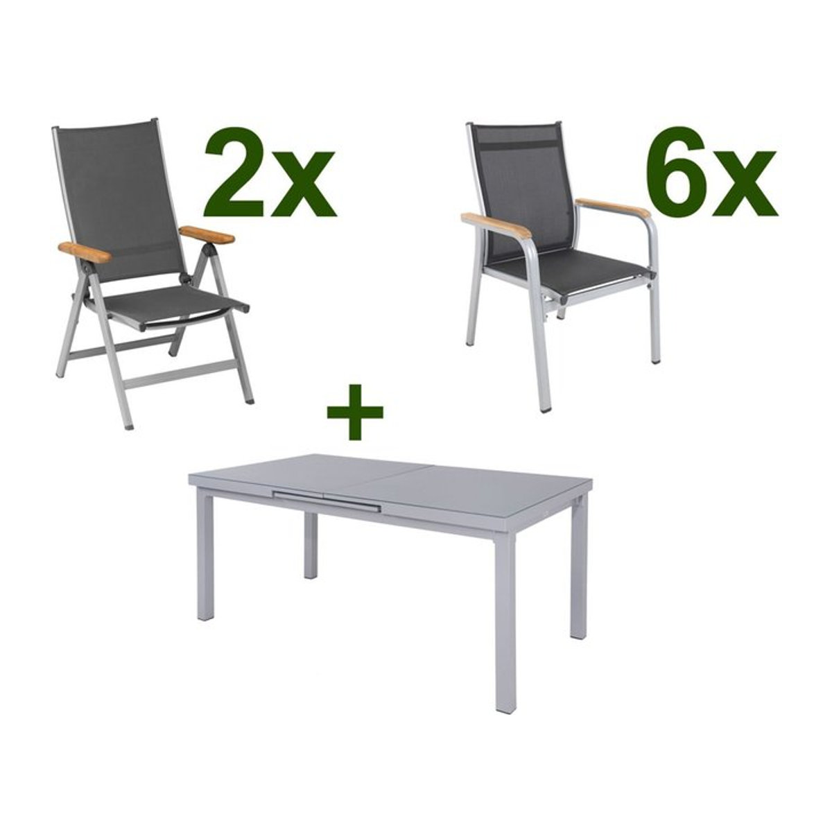 Kettler Granada Garten-Essgruppe aus Aluminium und Textilene in Silber, bestehend aus einem Tisch und 8 Stühlen (6 Stapelstühle und 2 Klappstühle) - Bild 1