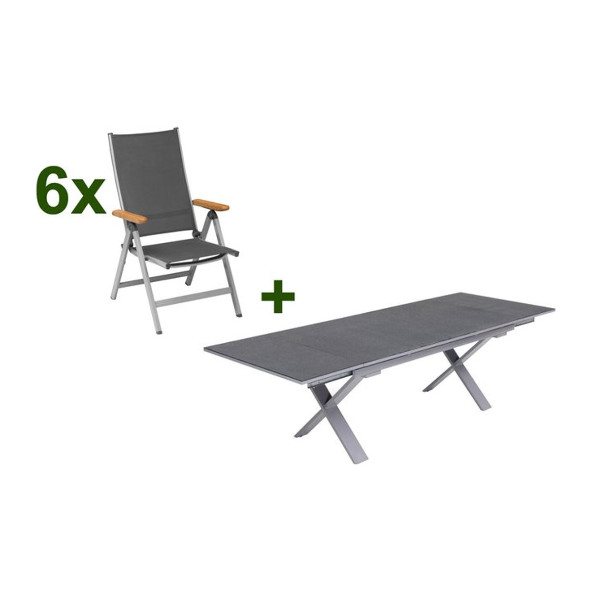 Kettler Granada Garten-Essgruppe in Silber und Anthrazit mit Tisch und 6 Klappstühlen, Tisch B: 280 cm, T: 100 cm, H: 78 cm - Bild 1