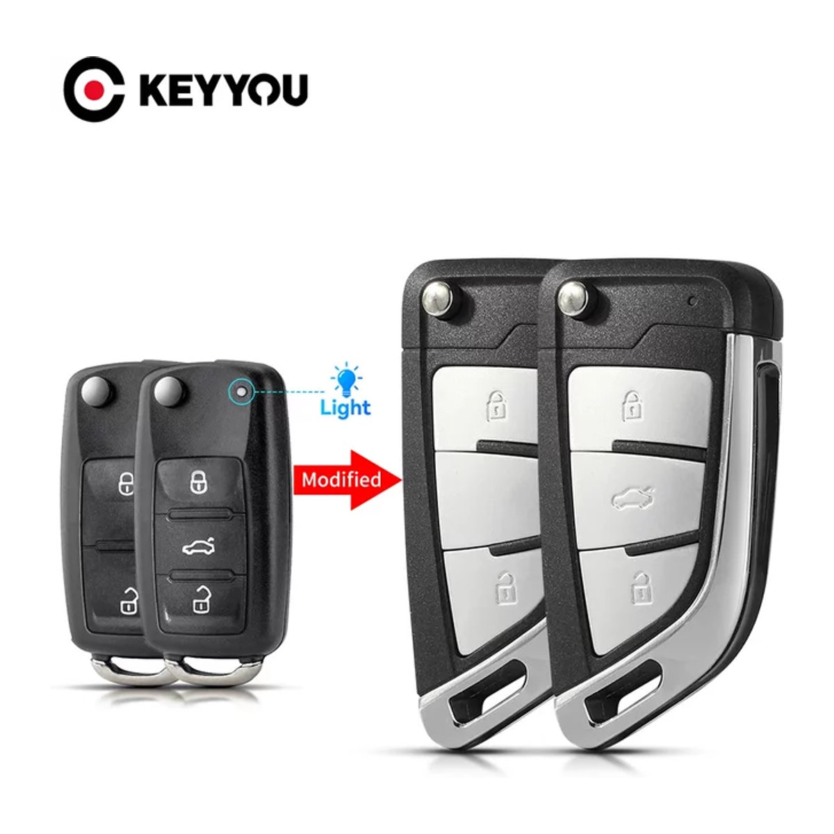 KEYYOU Flip Remote Key Shell Gehäuse für VW Golf Tiguan Polo Passat CC SITZ und Skoda Octavia Jetta Käfer, Schwarz, 2/3 Tasten - Bild 1