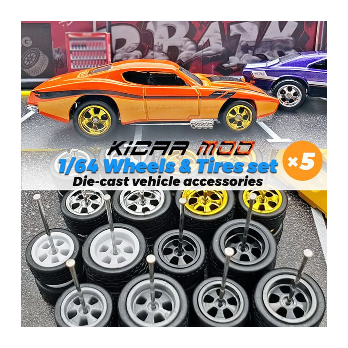 KICARMOD 1/64 Modellauto Felgen-Set mit abnehmbaren Gummireifen in Schwarz und Fünf-Speichen-Design für Hotwheels Nachrüstteile - Bild 1