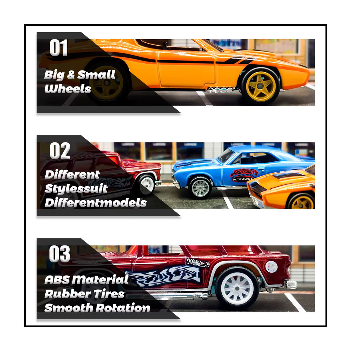 KICARMOD 1/64 Modellauto Felgen-Set mit abnehmbaren Gummireifen in Schwarz und Fünf-Speichen-Design für Hotwheels Nachrüstteile - Bild 2
