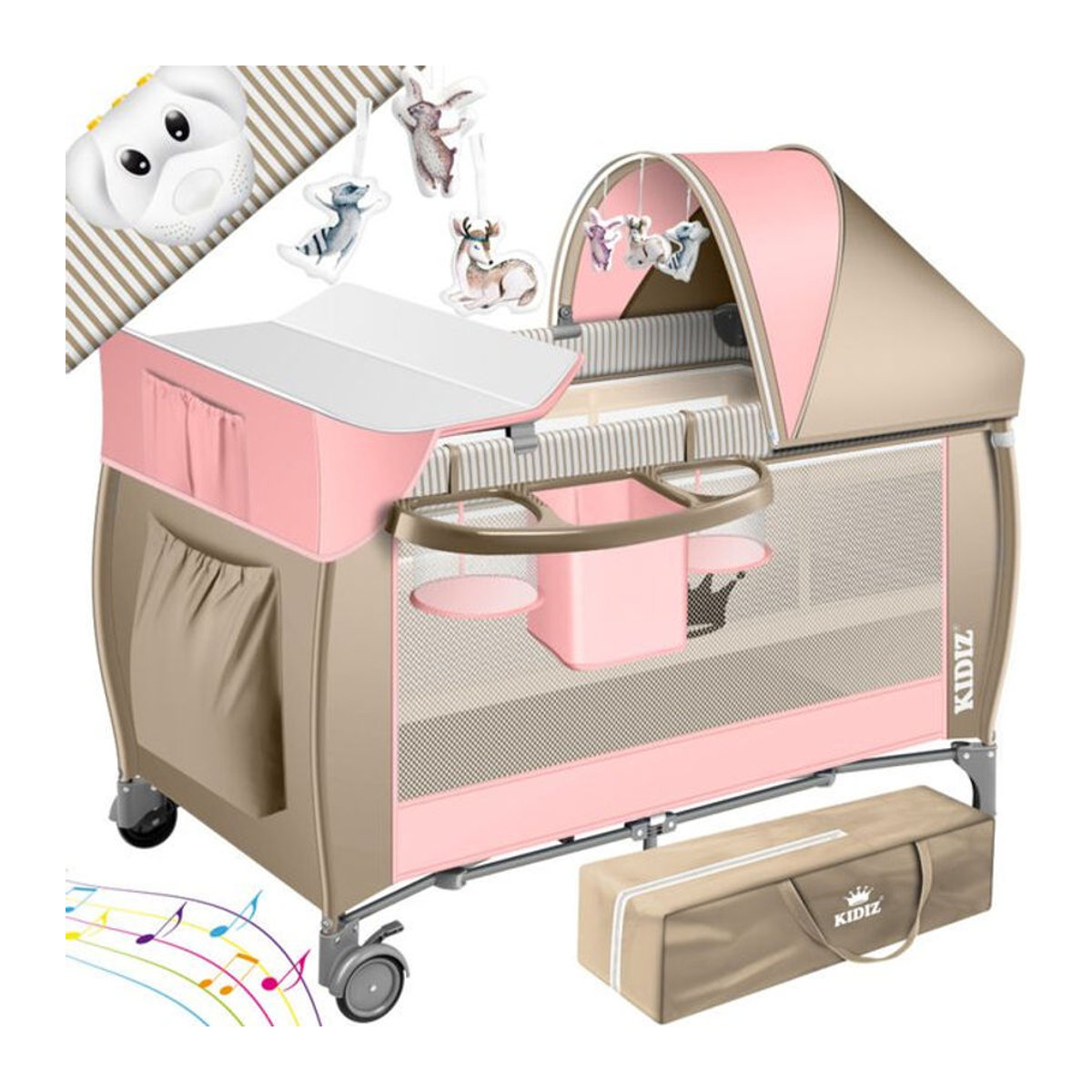 KIDIZ 3 in 1 Babyreisebett Set in Rosa mit Wickelauflage, Moskitonetz, Spielbogen und Matratze, B/T: 120 x 60 cm, geeignet ab Geburt bis 15 kg - Bild 1