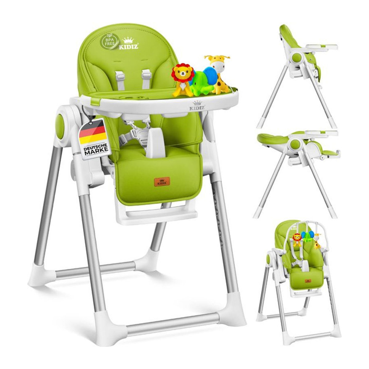 KIDIZ 3in1 Hochstuhl mit Spielbügel und Babyliege, höhenverstellbar und mitwachsend, Farbe Grün, Material Kunstleder - Bild 1