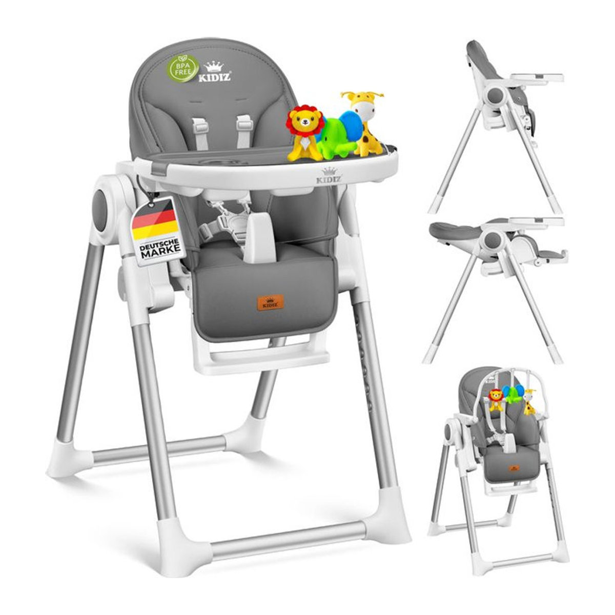 KIDIZ 3in1 Hochstuhl mit Spielbügel und Babyliege, höhenverstellbarer Kombihochstuhl aus Kunstleder, Anthrazit/Grau - Bild 1