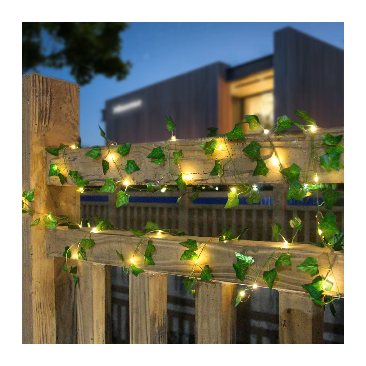 KIKIELF Solar-LED Lichterkette aus Rattan mit grünen Blättern im Landhaus-Stil für Garten und Terrasse - Bild 3