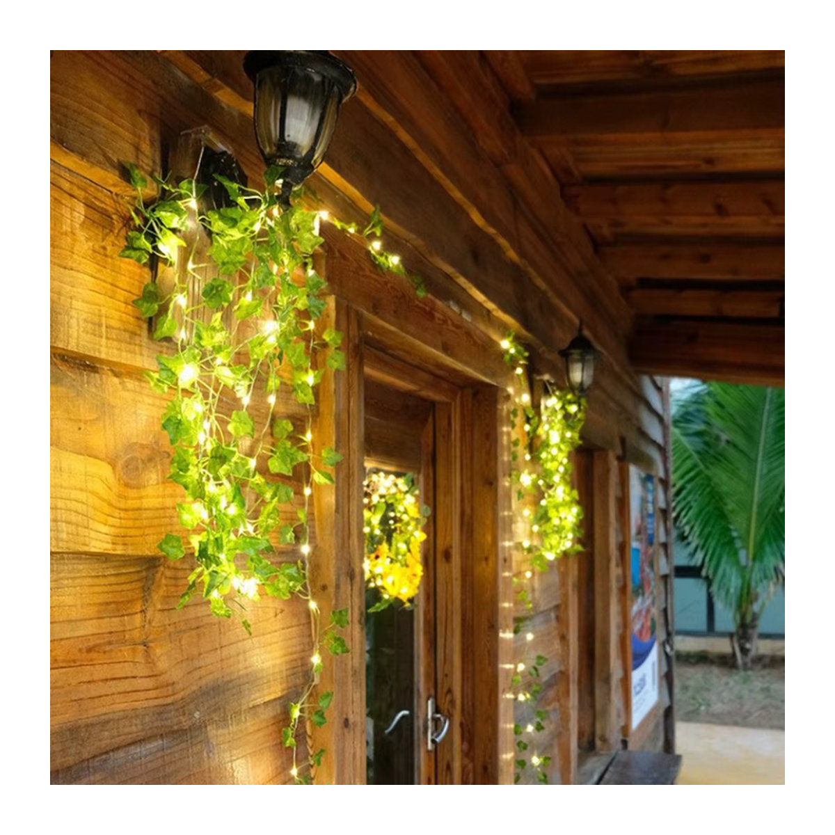 KIKIELF Solar-LED Lichterkette aus Rattan mit grünen Blättern im Landhaus-Stil für Garten und Terrasse - Bild 4