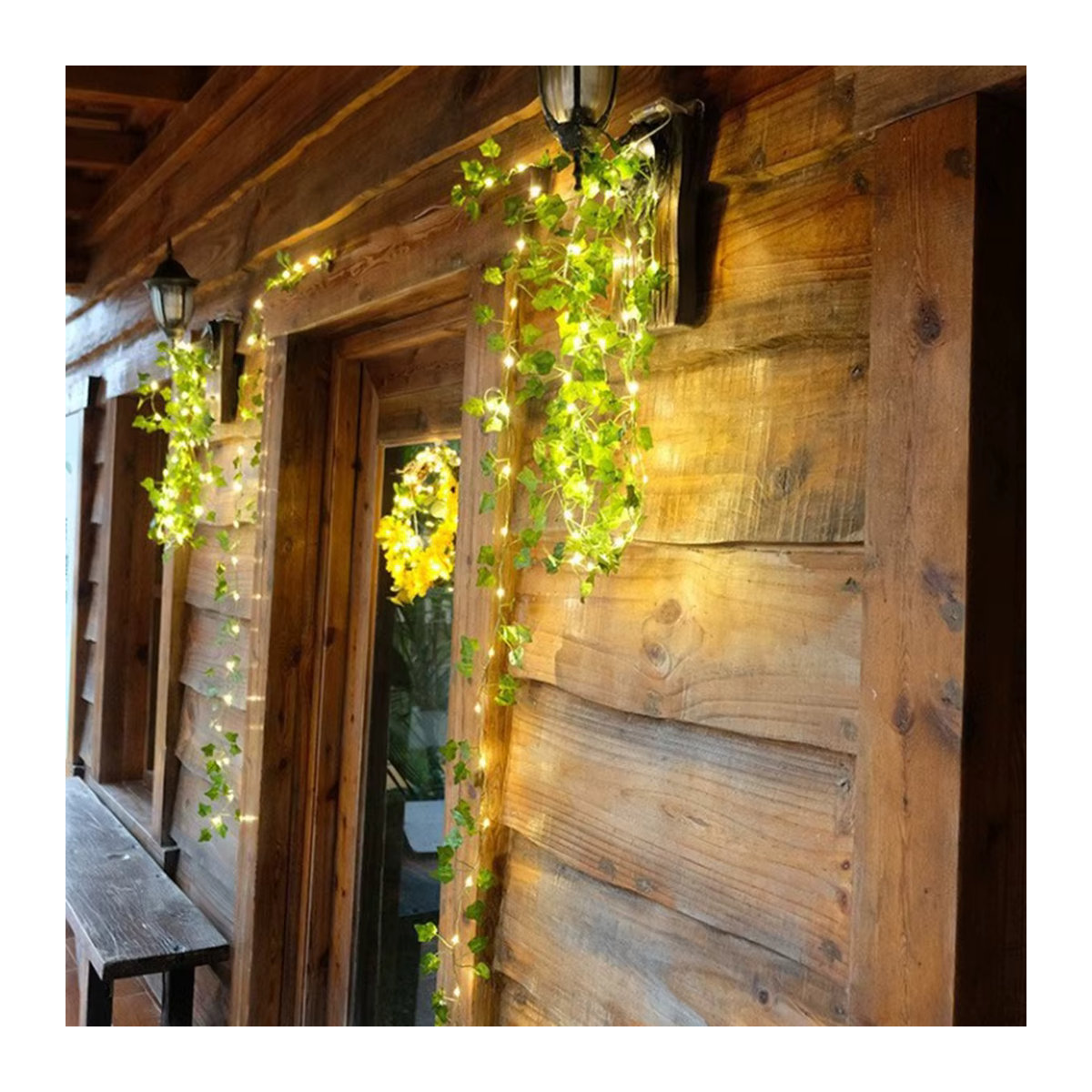 KIKIELF Solar-LED Lichterkette aus Rattan mit grünen Blättern im Landhaus-Stil für Garten und Terrasse - Bild 6
