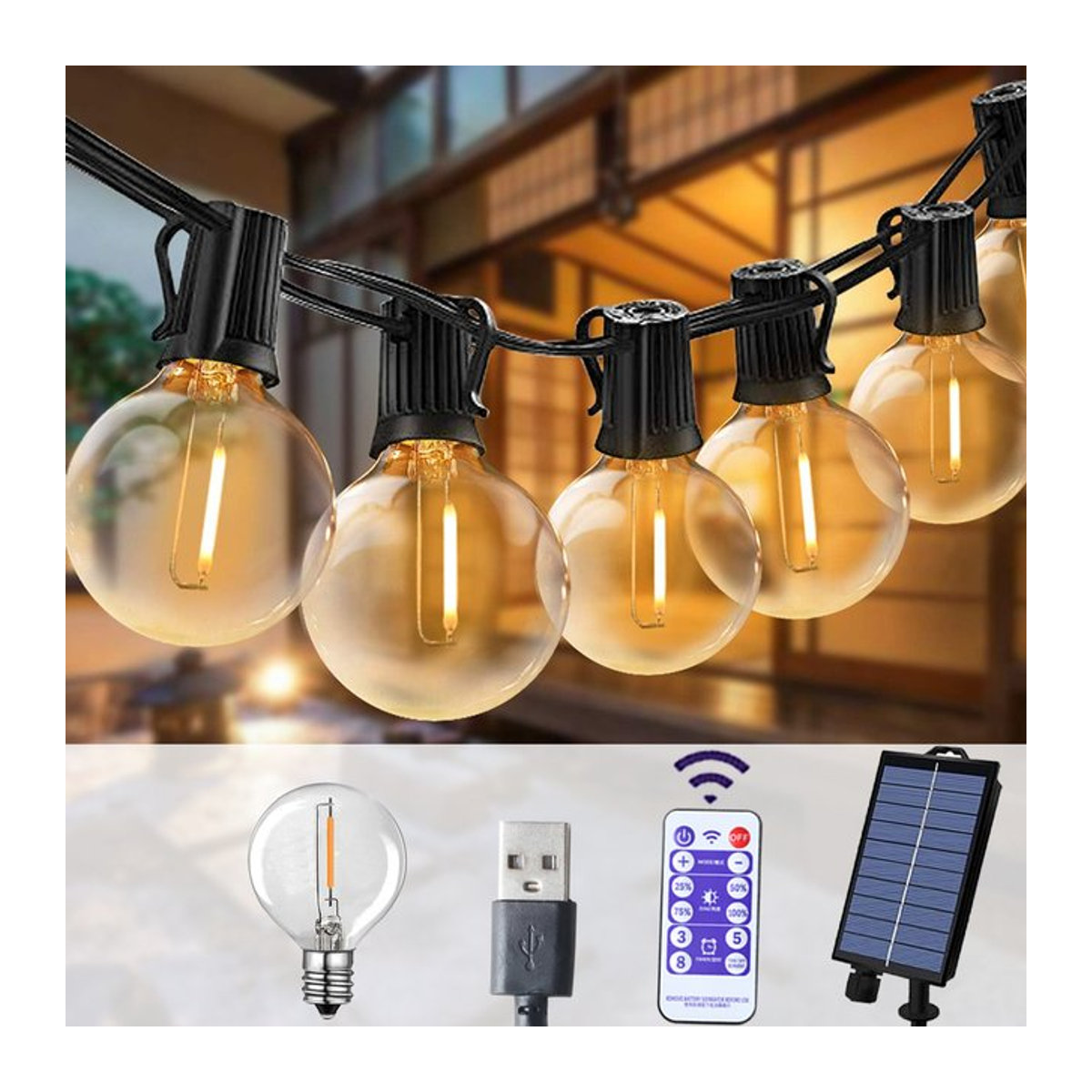 KIKIELF Solar-Lichterkette mit LED-Kugelbirnen in Weiß für Garten, Terrasse und Outdoor-Dekoration - Bild 1