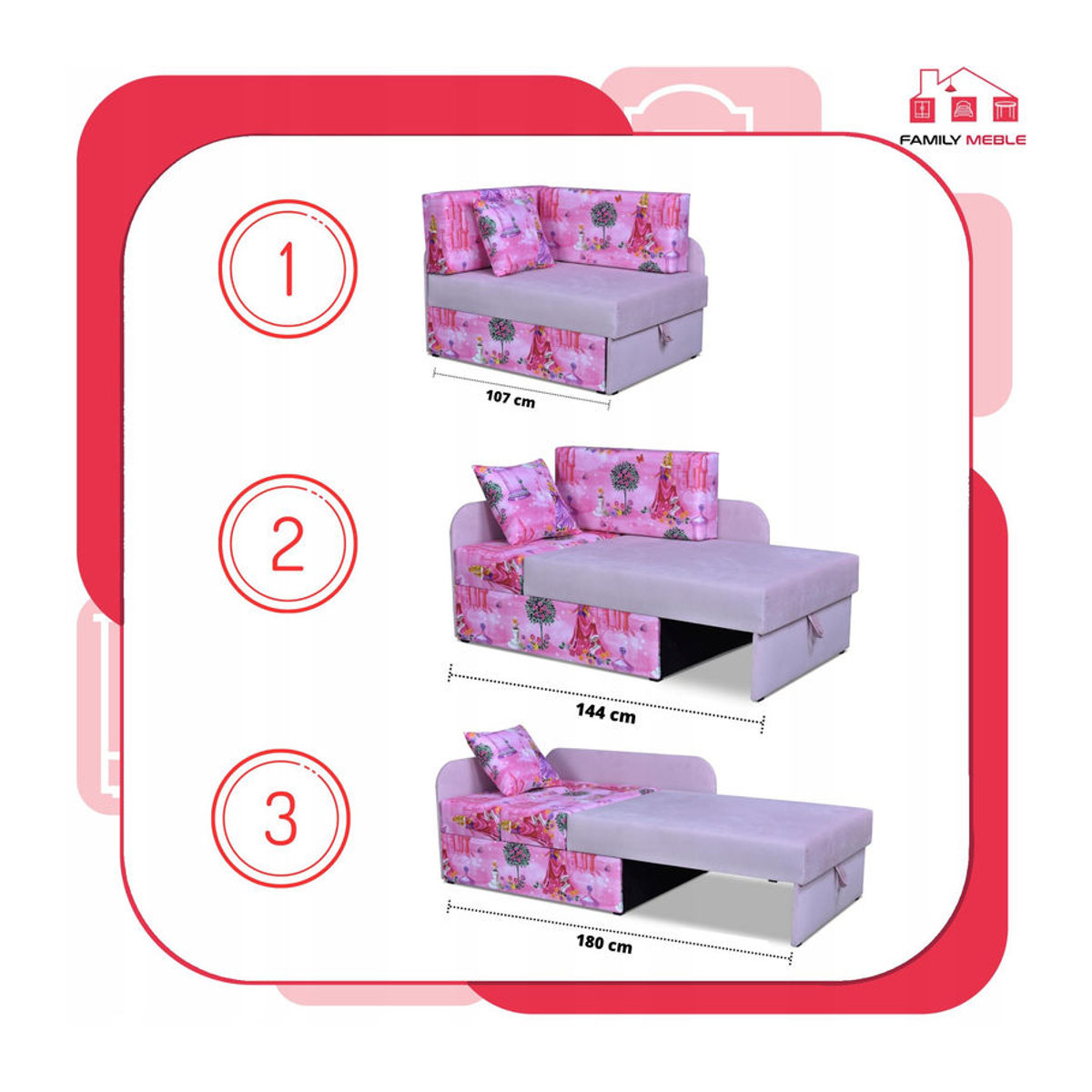 Kinderecksofa Bambino von Family Meble als ausziehbares Containerbett mit Kindermatratze Kubus in Weiß oder Rosa aus Massivholz und Stoff - Bild 1