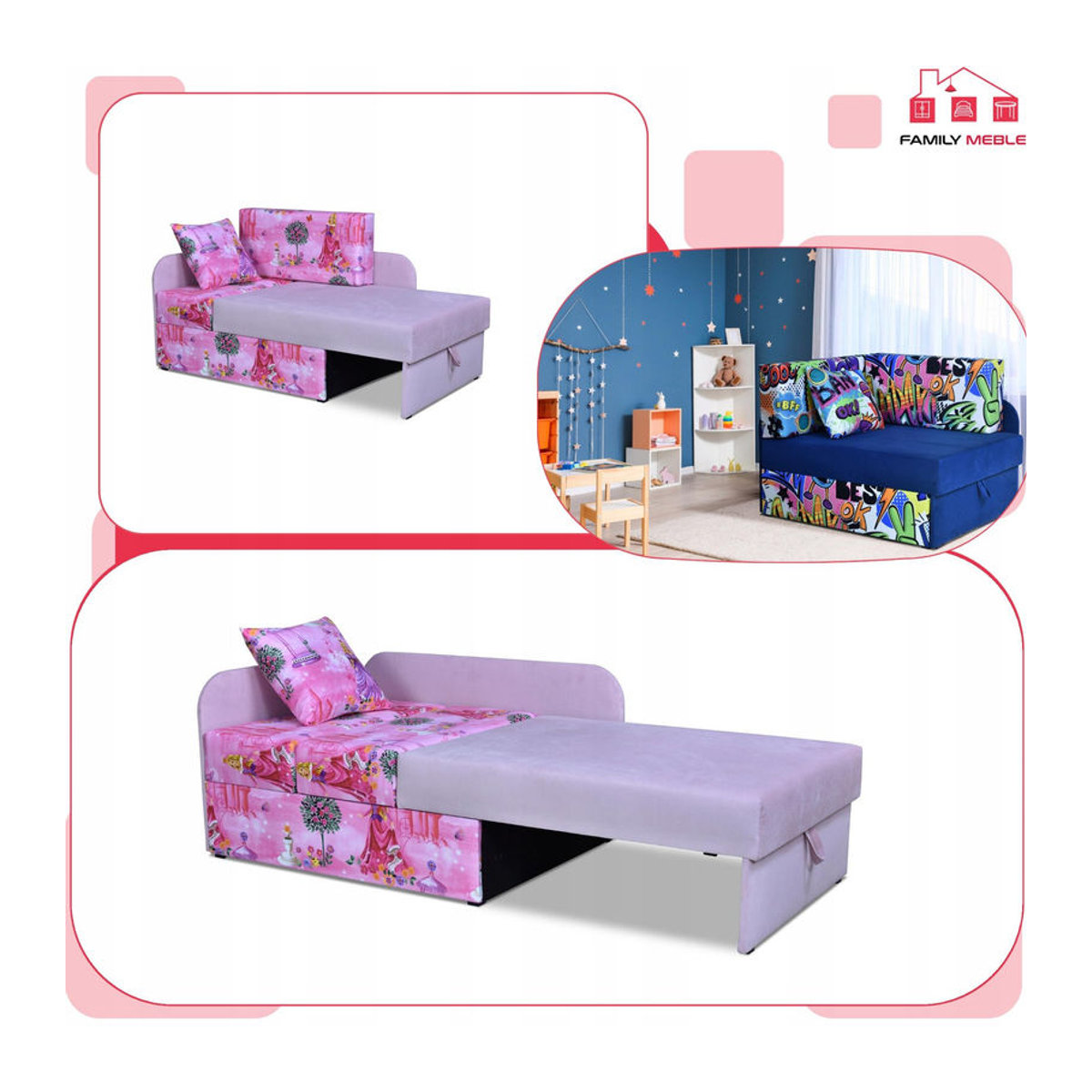 Kinderecksofa Bambino von Family Meble als ausziehbares Containerbett mit Kindermatratze Kubus in Weiß oder Rosa aus Massivholz und Stoff - Bild 2