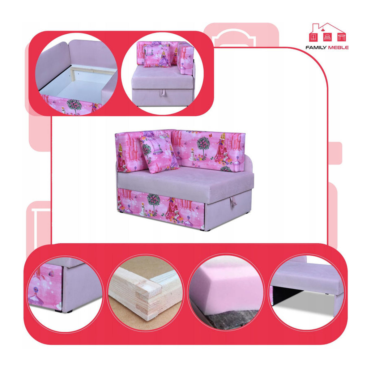 Kinderecksofa Bambino von Family Meble als ausziehbares Containerbett mit Kindermatratze Kubus in Weiß oder Rosa aus Massivholz und Stoff - Bild 3