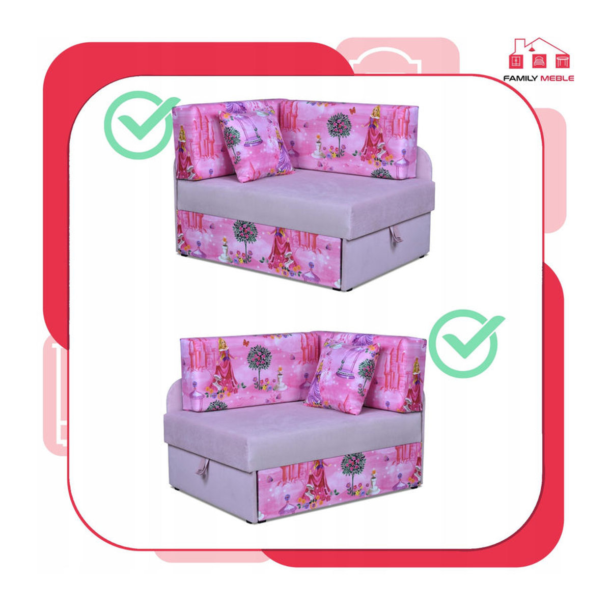 Kinderecksofa Bambino von Family Meble als ausziehbares Containerbett mit Kindermatratze Kubus in Weiß oder Rosa aus Massivholz und Stoff - Bild 6
