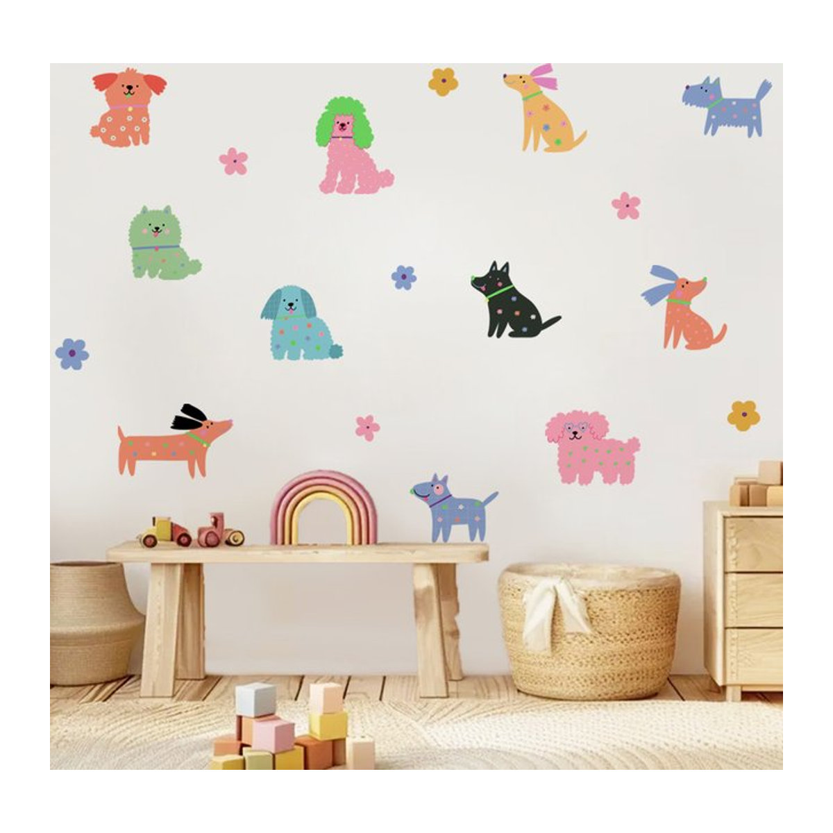 Kingsmile Wandaufkleber mit bunten Blumen und Welpen für das Kinderzimmer, mehrfarbig, Kunststoff - Bild 1